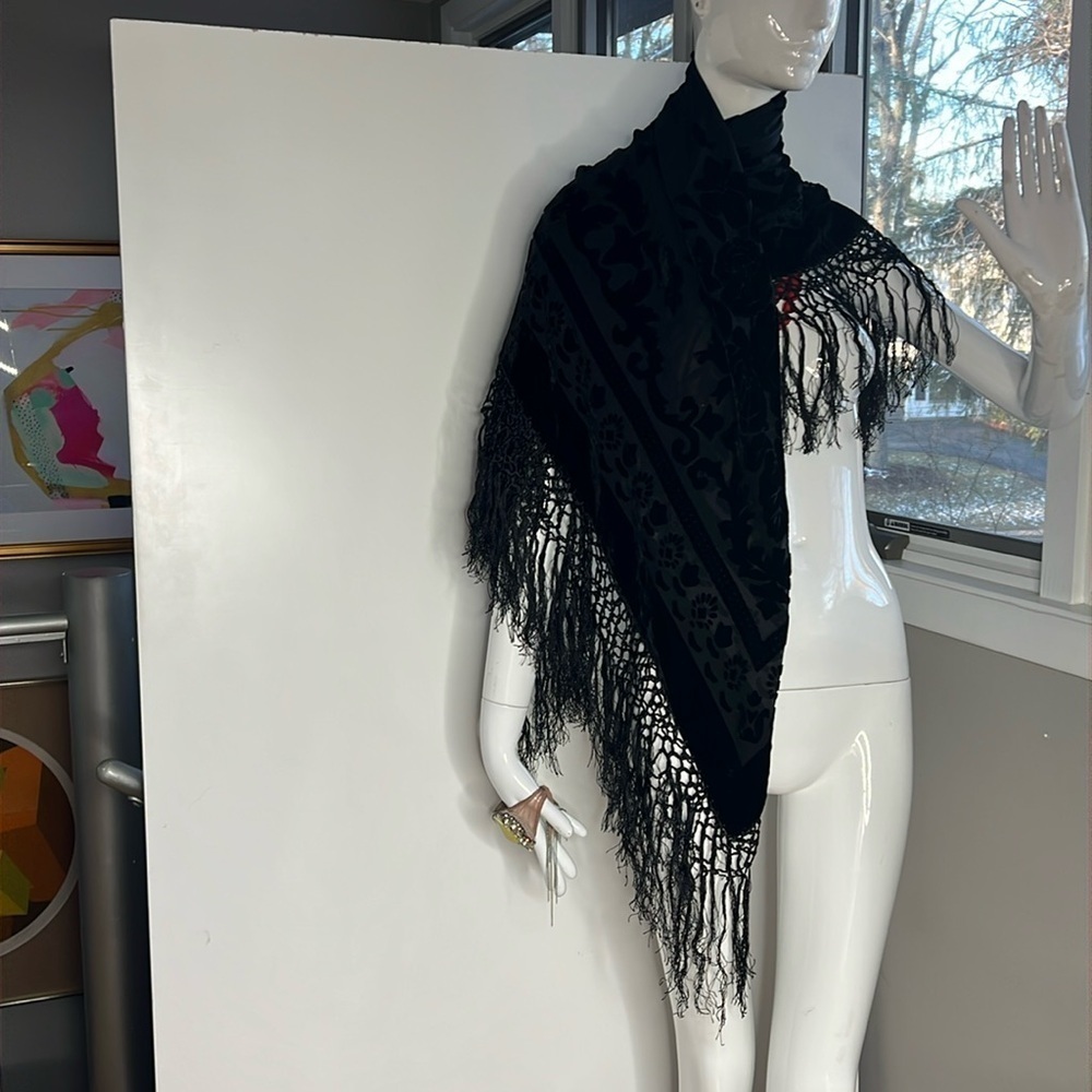 Large 55” Square Black Velvet and Sheer Silk Hand Tied Tassels Piano Shawl Wrap